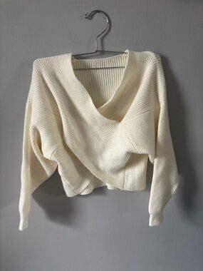 Cream V-Neck Ribbed Wrap Sweater - Women